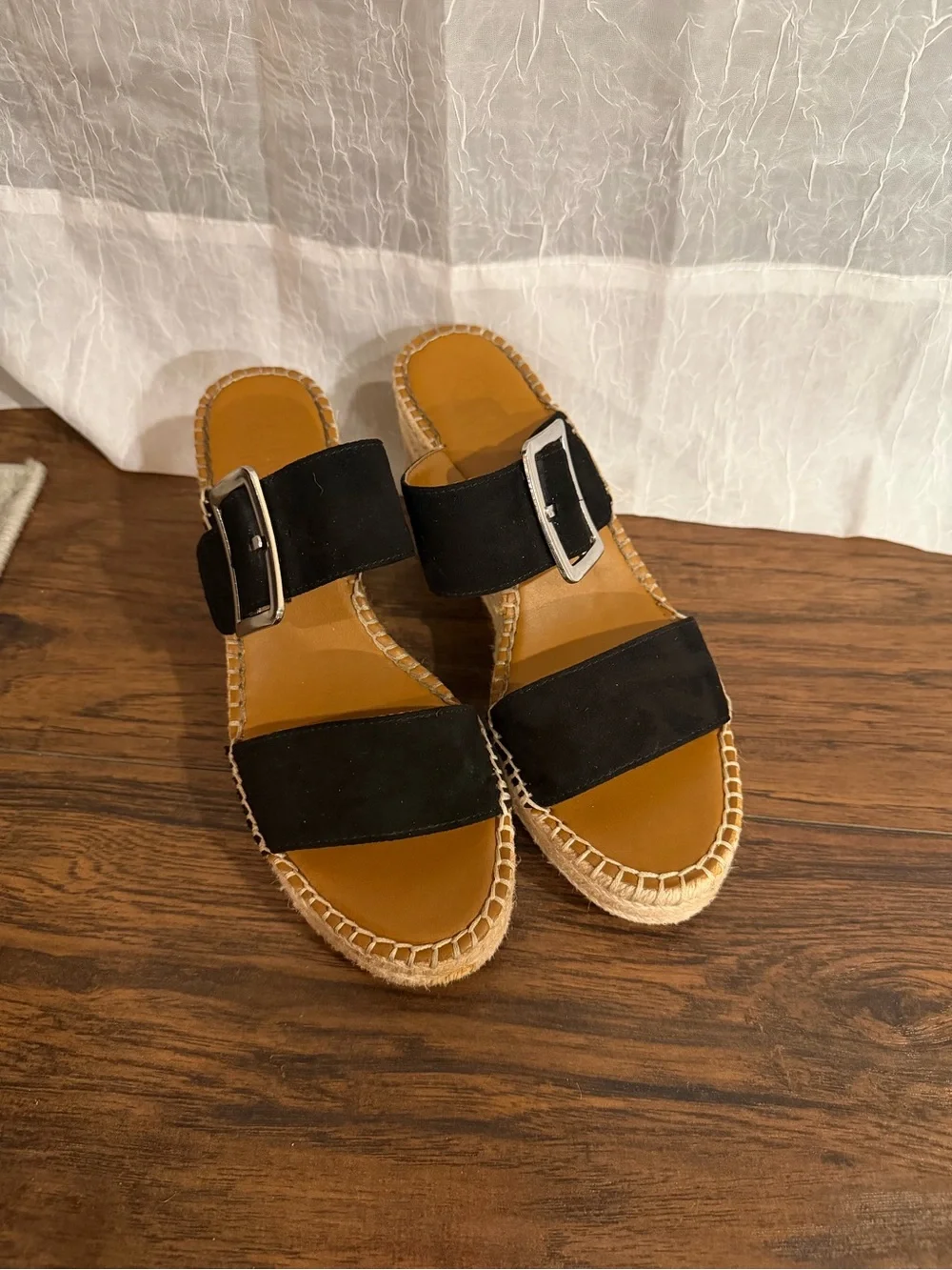 Black Suede Buckle Espadrille Slide Sandals - Women